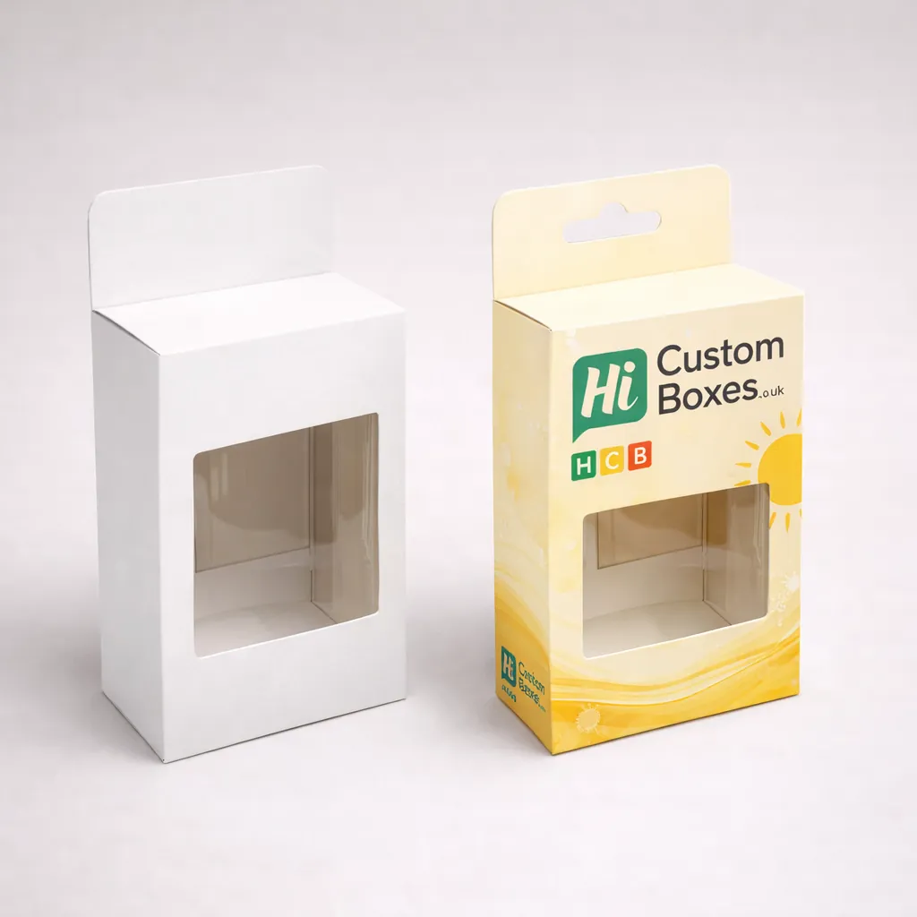 Two retail cartons with cutout windows, one plain white and one featuring yellow sunscreen branding. class=